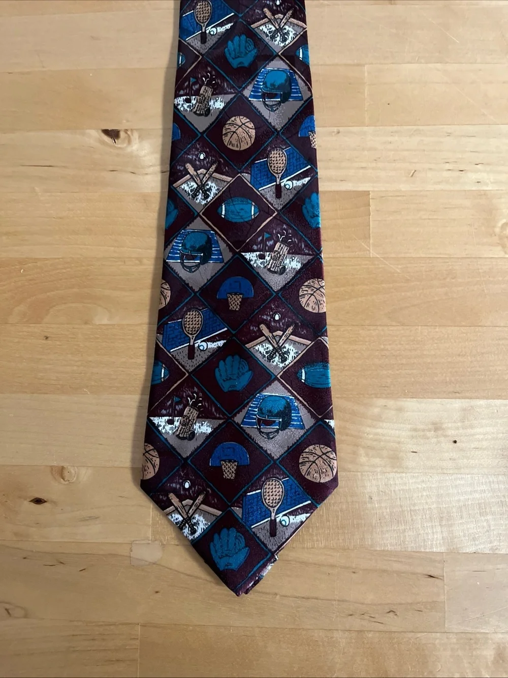 Vtg 90s Multi Sports Novelty Tie Burgundy Blue Dadcore Preppy Thinking Of You